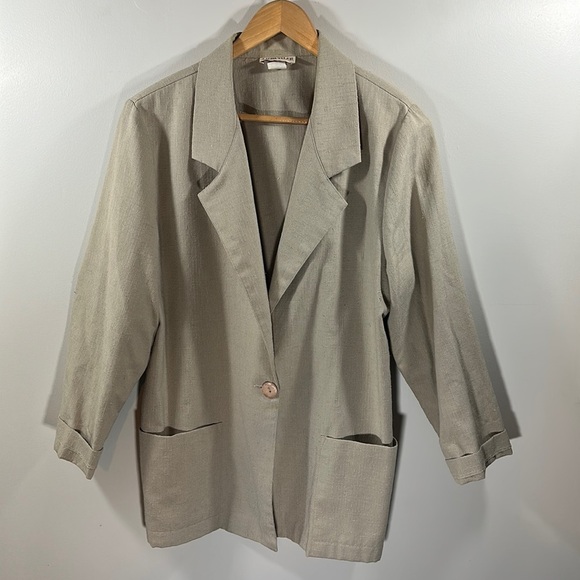 Laura Tyler Vintage Blazer Suit Jacket Taupe Oversized Baggy Cropped Sleeve - Picture 2 of 8